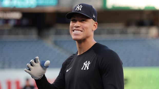 Aaron Judge smiles during warm-ups.